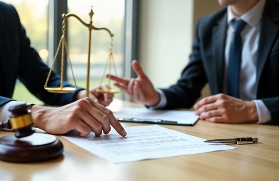 Lawyer explains legal contract terms to client. Client reviews document. Signing contract in office. Legal counsel meeting. Business deal. Pro consultation. Formal setting. Legal document.