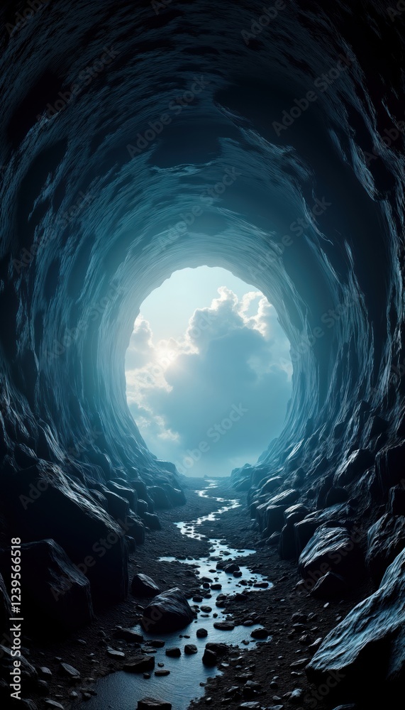 Aufkleber dark tunnel stretches deep into mysterious space. rocky walls create narrow passageway. stream of wa