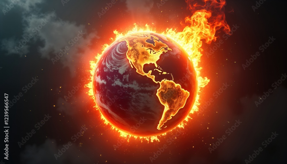 Poster burning planet earth in space. global catastrophe. fiery explosion around globe. earth on fire. glob