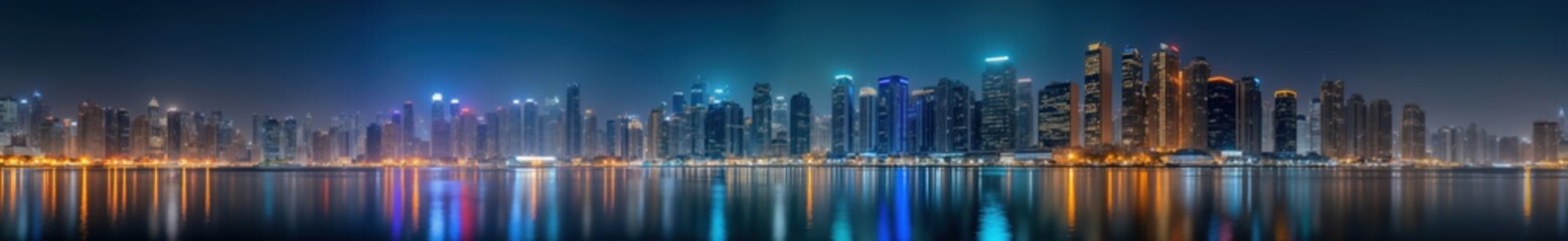 Fototapeta premium Dubai Business Bay cityscape at night. Illuminated skyscrapers line waterfront reflecting in calm water. Panoramic view of modern architecture. City landscape urban design, construction. Nighttime
