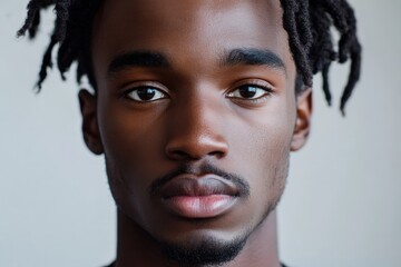 Close-Up Portrait of a Young Man with Dreadlocks Against a Neutral Background