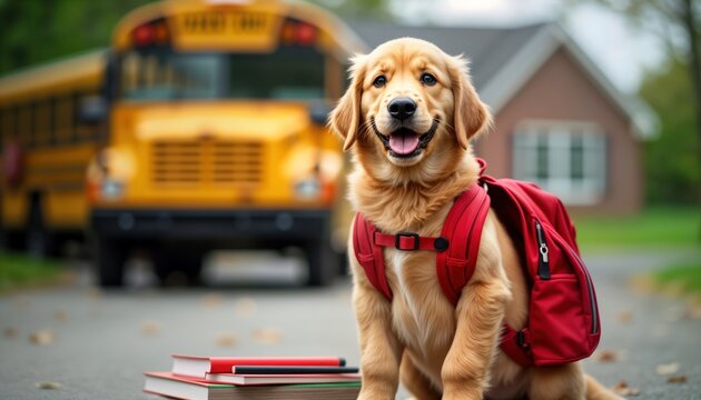Cute golden retriever dog wearing a red backpack sits near school bus and books. Back to school concept. Pet ready for education. Adorable animal outdoors by road next to house. Possible autumn scene.