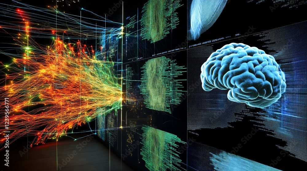 Poster artificial intelligence neural network and brain data visualization connection
