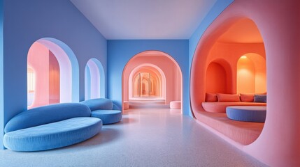Vibrant interior design with colorful arches and modern furniture in a contemporary space