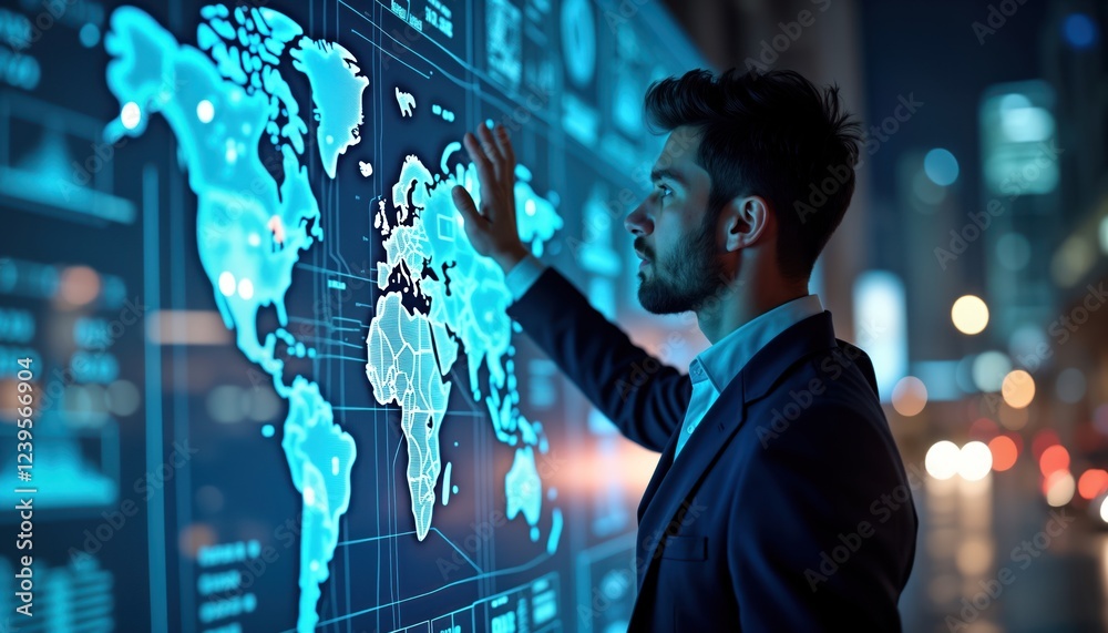 Leinwandbilder businessman interacts with global digital map displayed on interactive wall. modern tech displays gl