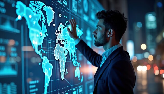 Businessman interacts with global digital map displayed on interactive wall. Modern tech displays global data. Man analyzes world data. Future vision for male engineers tackling eco, health issues.