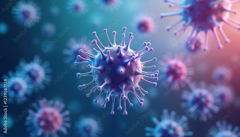 Poster microscopic view of multiple human cells in vibrant blue background. focus on central cell, displayi