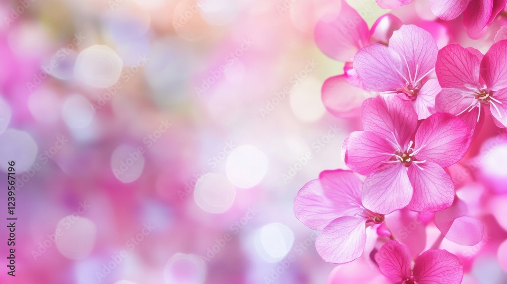 Poster Bright pink flowers bloom in a soft pastel background with gentle light reflections creating an enchanting atmosphere. Generative AI