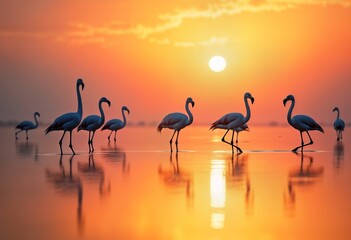 Naklejka premium Flamingos stroll in shallow water at sunrise on Asker coast of Bahrain. Sunrise creates dramatic golden bokeh effect on water surface. Silhouettes of birds stand out against warm colors of dawn.