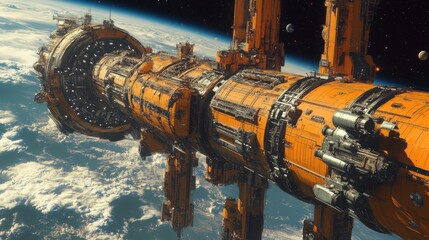 Futuristic space station orbiting earth with view of planets and engineering details