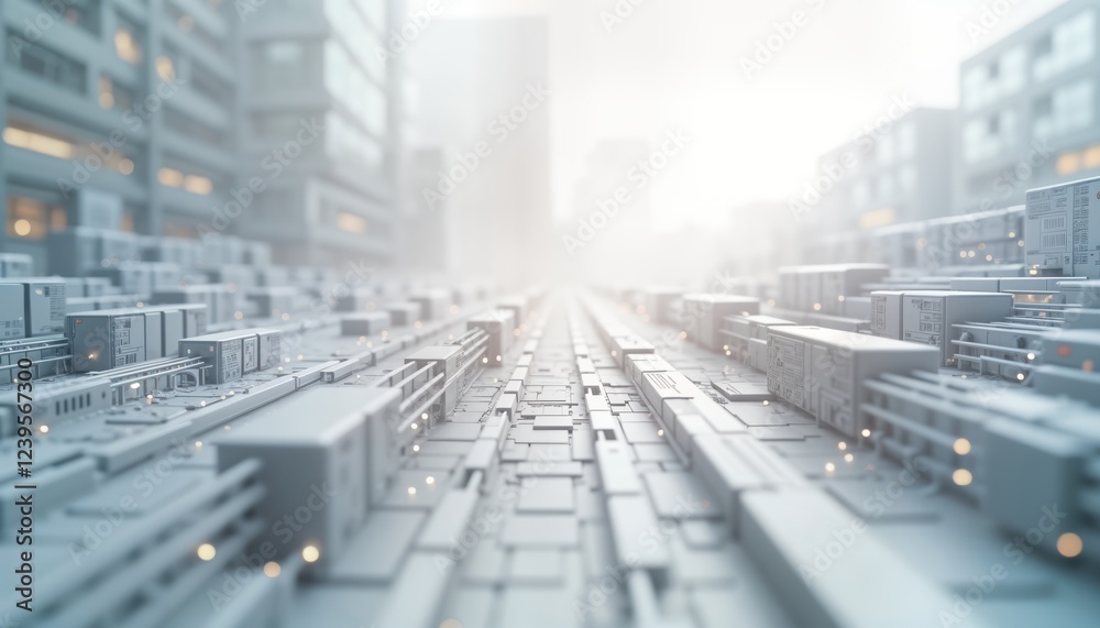 Aufkleber futuristic city street with abstract grey, white tech boxes, structures. modern urban landscape with