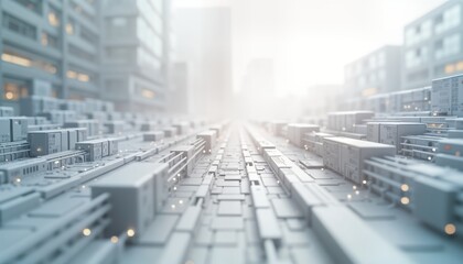 Futuristic city street with abstract grey, white tech boxes, structures. Modern urban landscape with advanced tech elements. Light glowing points on buildings create digital connection. Advanced