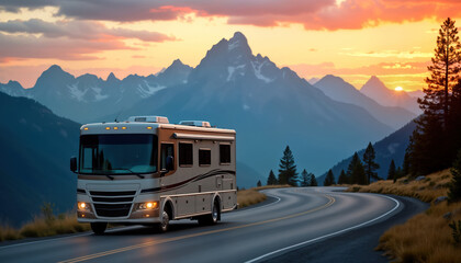 Luxury RV travels scenic mountain road at sunset. Amazing landscape panorama. Travelers enjoy scenic route. Road trip destination. Adventure in nature. Summer holiday. Relaxing atmosphere. Beautiful