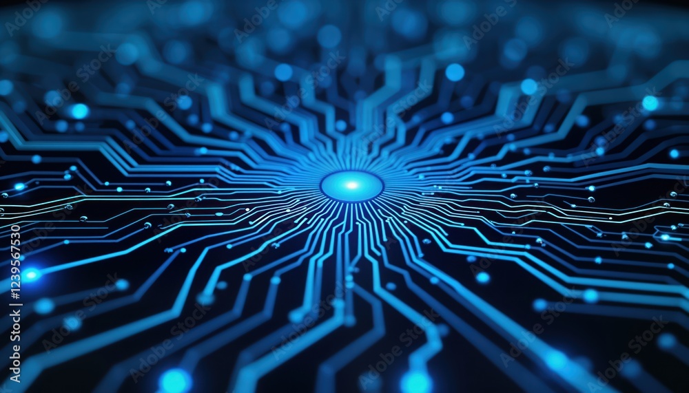 Aufkleber Abstract tech background. Modern circuit board design. Blue lines, glowing points. Illustrative AI tech pattern. Intricate connections, components. Generative art concept. Futuristic digital design.