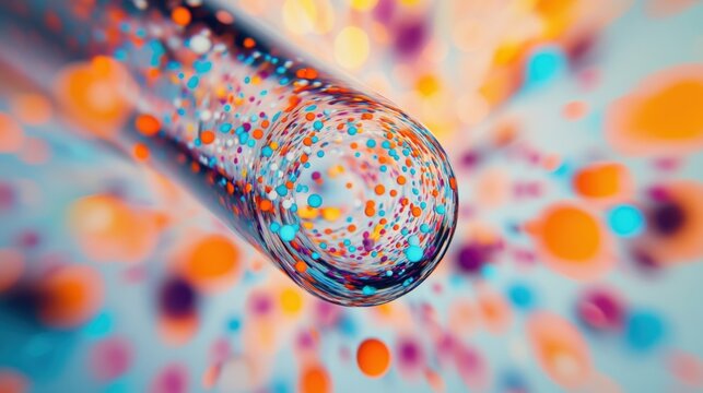 A closeup shot of a test tube filled with a solution of nanoparticles in motion capturing the kinetic energy and dynamic behavior of the particles as they begin to selforganize into