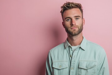 Obraz premium Stylish Young Man Posing Against a Soft Pink Background for Modern Portrait Photography