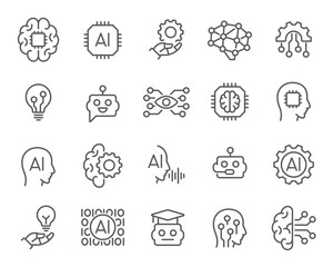 Artificial Intelligence Icons &ndash; A set of scalable AI themed icons. Features AI chips, robotic heads, machine learning, and automation symbols.