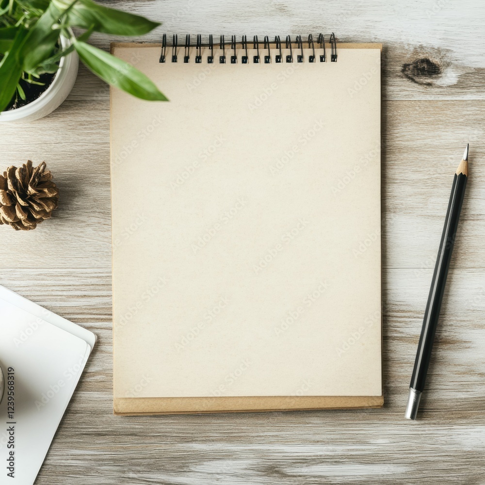 Poster workspace featuring a blank notepad with a pencil, a plant, and decorative elements on a wooden tabl