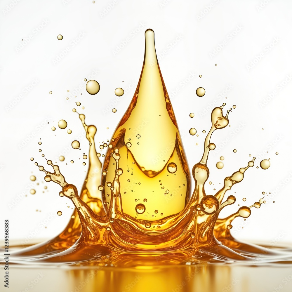 Poster golden liquid droplet splashes, spreads on transparent background. fluid motion, dynamic texture. cl