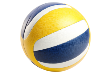 Classic volleyball with blue, yellow, and white panels. With textured surface and curved design. Isolated, AI generated.  .
