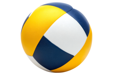 Classic volleyball with blue, yellow, and white panels. With textured surface and curved design. Isolated, AI generated.  .