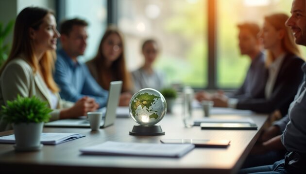 Business people sit in meeting discussing eco-friendly tech. Team focused on eco-goals for company. Innovative strategies for reducing carbon footprint in conference room. Global awareness. People