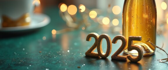 A festive scene captures the essence of New Years Eve, featuring glittering numbers 2025 alongside a bottle of champagne and twinkling lights. This vibrant composition radiates joy and anticipation
