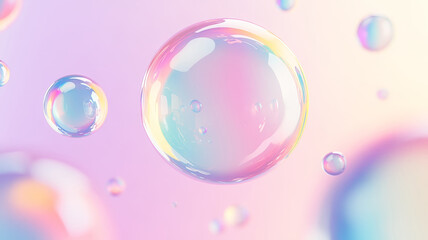Vibrant, iridescent soap bubbles drifting against a soft pastel gradient background, ideal for children's entertainment, parties, or marketing designs.