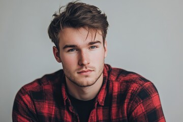 Fototapeta premium Portrait of a Young Man in a Red Plaid Shirt Against a Neutral Background