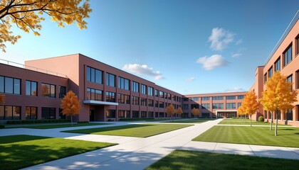 Modern American school exterior in daylight. Brick building with large windows. Green lawn, trees in courtyard. Beautiful architecture, educational facility concept. Ideal for educational