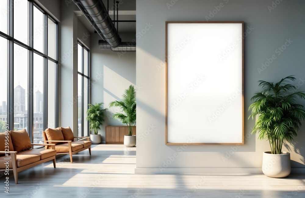 Poster modern office interior mockup shows blank frame with copy space. empty reception area with light bro