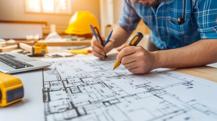 Construction Planning Architect Reviewing Blueprints with Sunlight Illumination, Detail Shot