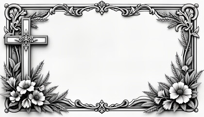 Ornamental funeral card template. Decorative frame with floral ornament, cross. Gravestone engraving with fleur-de-lis details. Suitable for memorial cards. Vintage design with space for name birth,