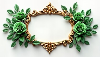 Ornate gold frame decor with vivid green flowers, leaves. Vintage style floral design. Elegant...