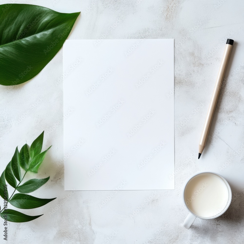 Poster blank sheet of paper surrounded by leaves and a cup of milk on a textured surface in a cozy setting.