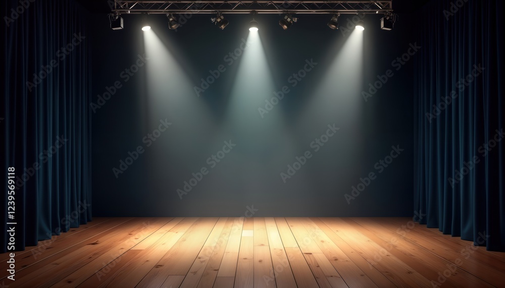 Poster empty stage with three spotlights shining brightly. dark blue curtains frame stage. wooden floor pro