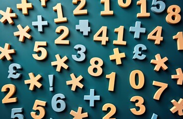 Colorful numbers, symbols create visually appealing abstract background. Arrangement of colorful wooden numerals, mathematical symbols evokes ideas about data, statistics, calculation. Educational