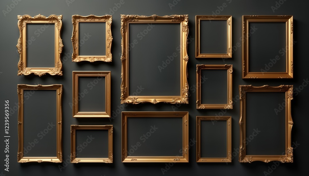Poster nine gold picture frames on dark background. empty golden frames different sizes. vintage style deco