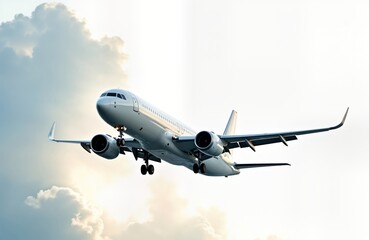 Fototapeta premium White passenger plane flies in dramatic sky. Airplane in mid-air. Clouds visible in background. No people. Commercial flight in progress. Travel business trip. Modern technology. Fast speed.