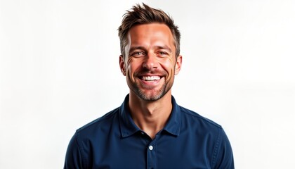 Obraz premium Happy man smiles broadly. Adult male wears casual navy polo shirt. Studio portrait against plain white background. Smiling expression. Head shot. Positive emotion. Male model. Attractive person.