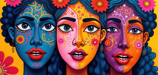 Colorful aboriginal art celebrates International Womens Day. Three stylized faces showcase diversity, equality. Vivid colors, floral patterns adorn artwork reflecting rich culture, heritage.