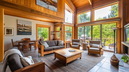 Inviting Interior of a Rustic Cabin with Wooden Accents and Large Windows