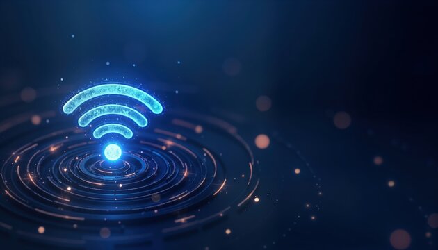 Futuristic tech design. Wireless wifi symbol. Abstract digital illustration. Blue background with glowing effects. Modern tech concept. Connectivity symbol. Digital art. Three-dimensional effect.