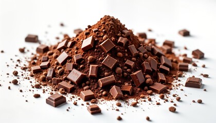 Pile of chopped, milled chocolate pieces covered with cocoa powder. Close-up view of dark brown chocolate chunks, cocoa powder. Isolated on white background. Delicious sweet dessert ingredient.