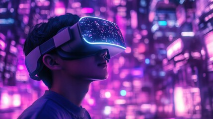 Young man experiencing futuristic virtual reality in vibrant neon cityscape