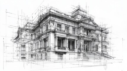 Detailed architectural sketch of historic building in black and white perspective