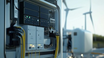 A medium closeup capturing the seamless integration of renewable energy inputs featuring solar panels and wind turbines connected to the energy storage system with their cables and