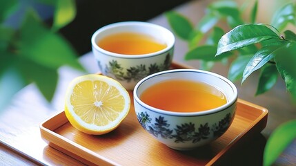 Two cups of aromatic tea sit on a wooden tray, accompanied by a fresh lemon slice and surrounded by lush green leaves.