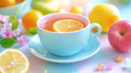 A vibrant cup of lemon tea sits on a pastel surface, surrounded by fresh fruits and flowers, evoking a refreshing and cheerful atmosphere.