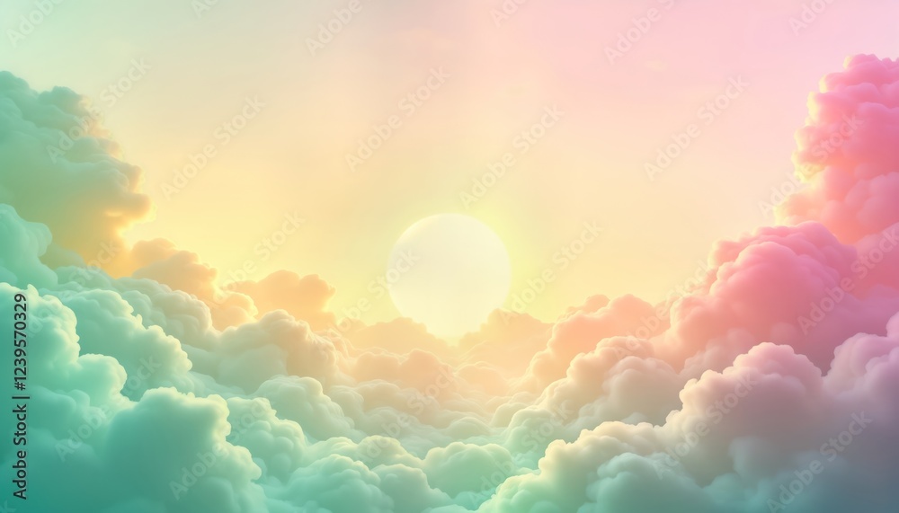 Leinwandbilder pastel colored cloudscape. bright sun shines through soft clouds. colorful gradient sky. soft colors